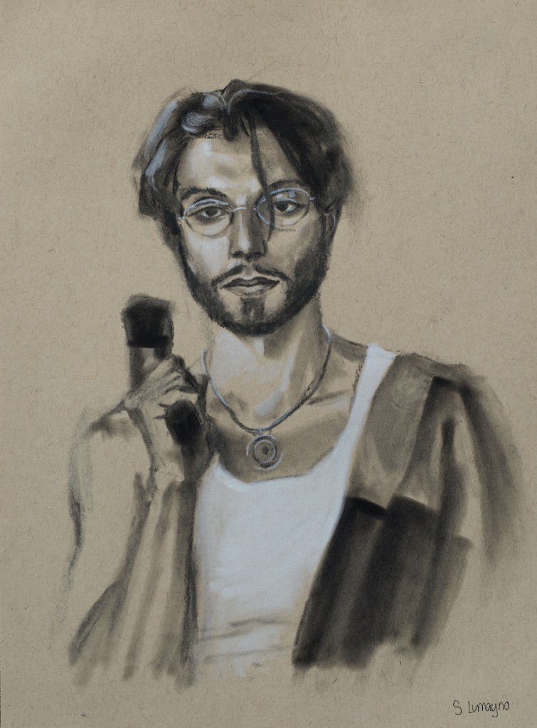 Charcoal portrait of bbno$ on toned paper