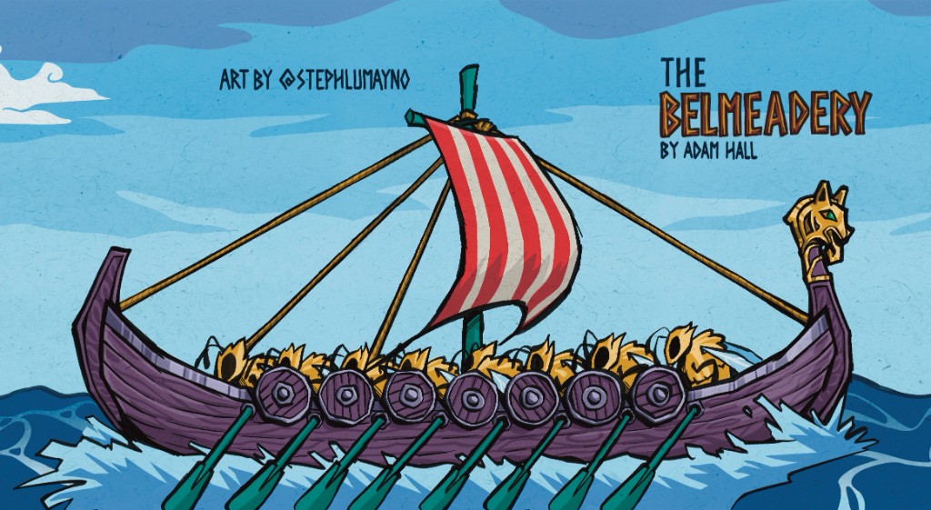 Digital illustration of a Viking longship crewed by bees