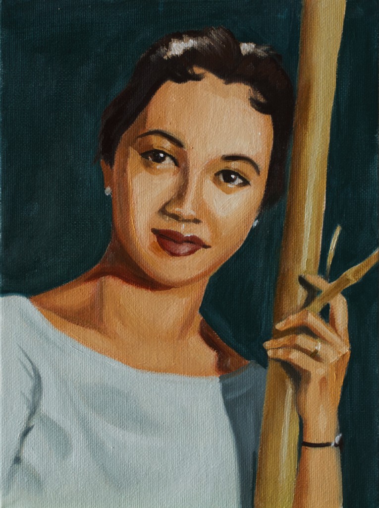 Oil painting portrait of Felicitas holding a bamboo pole