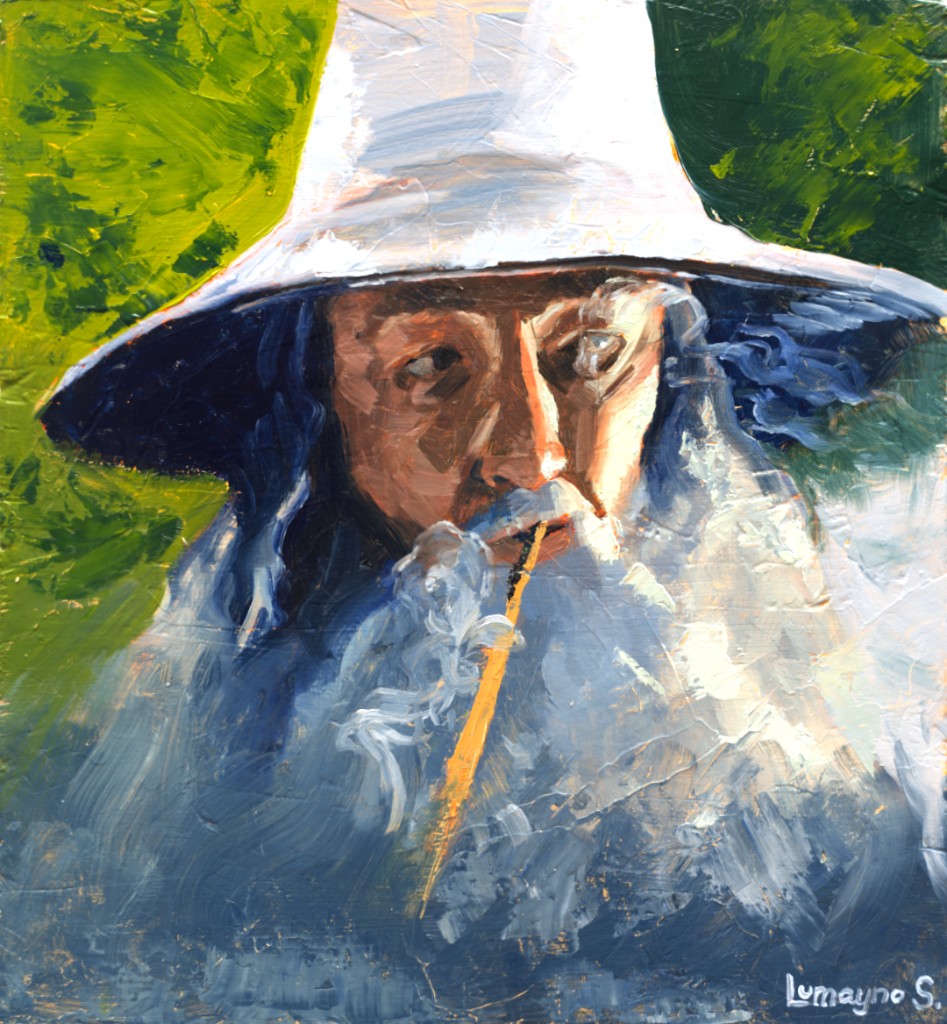 Oil painting of Gandalf smoking a pipe