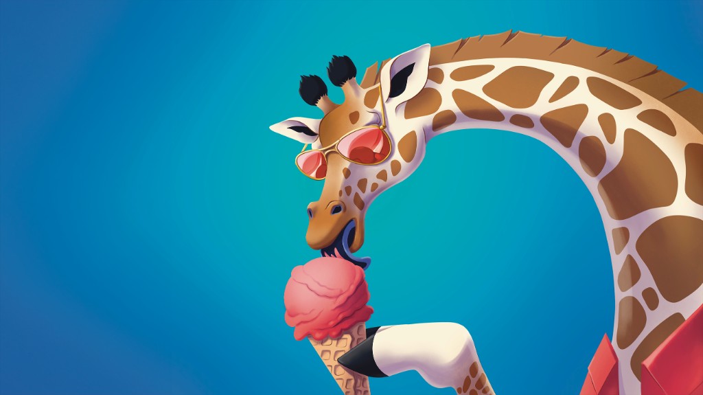 Digital illustration of a giraffe wearing sunglasses eating ice cream